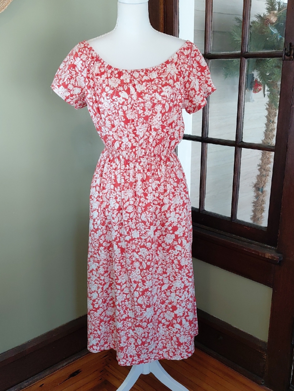 Universal Thread Coral and White Floral Off-Shoulder Midi Dress